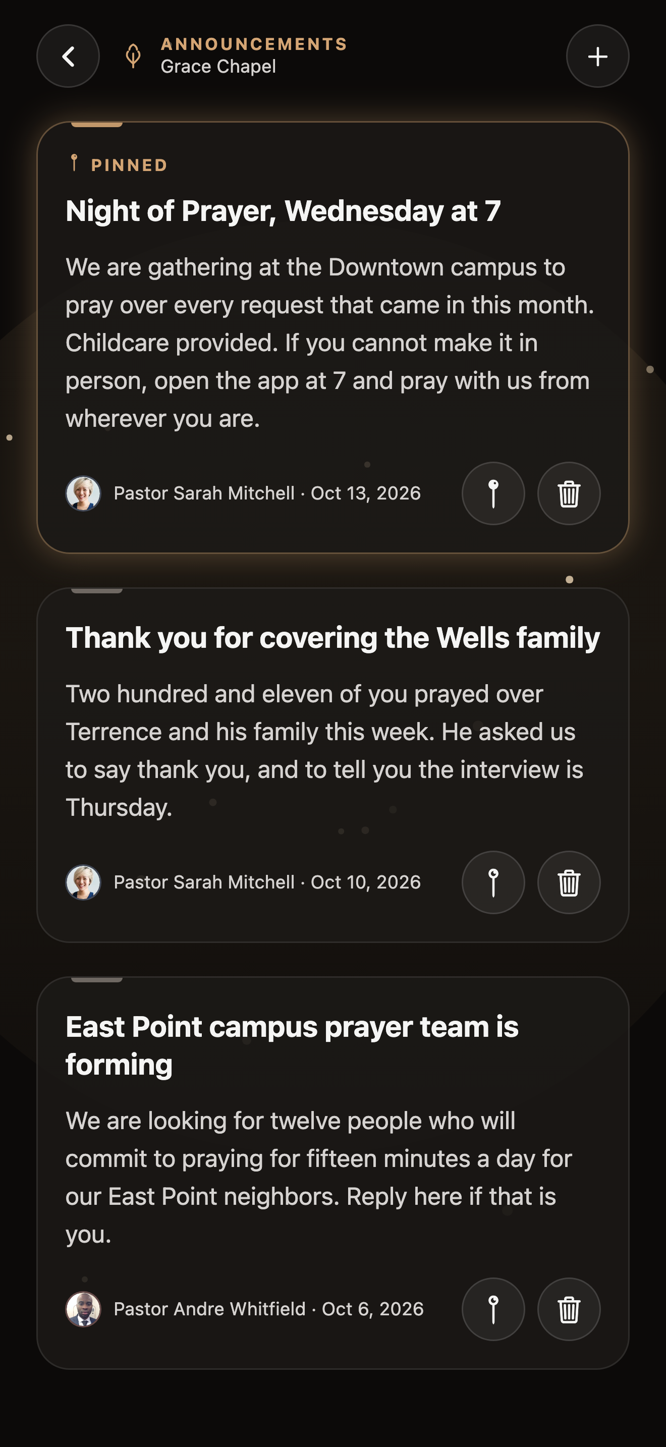 Current Grace Chapel announcement screen in iToro