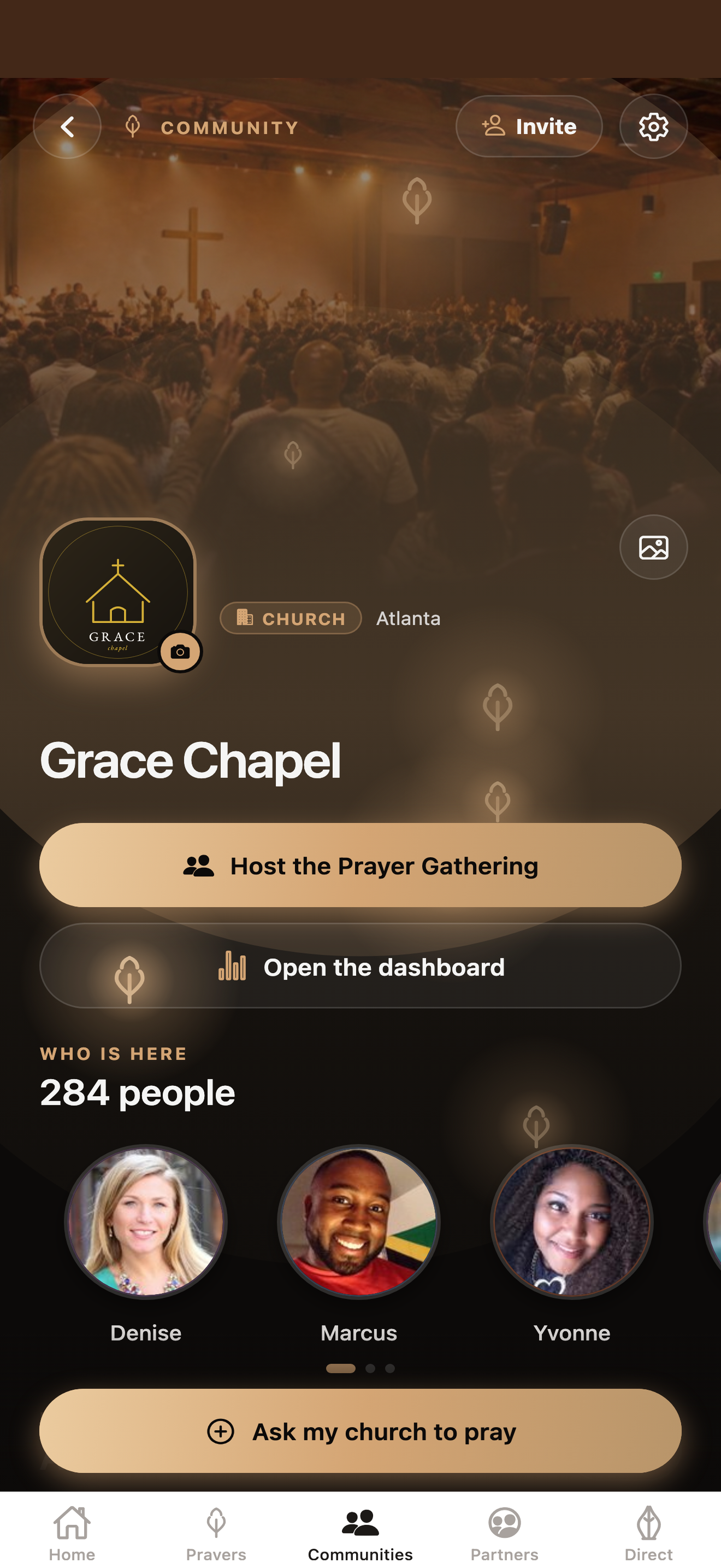 Actual community screen: Grace Chapel, the faces of its members, and the prayer requests the church is carrying