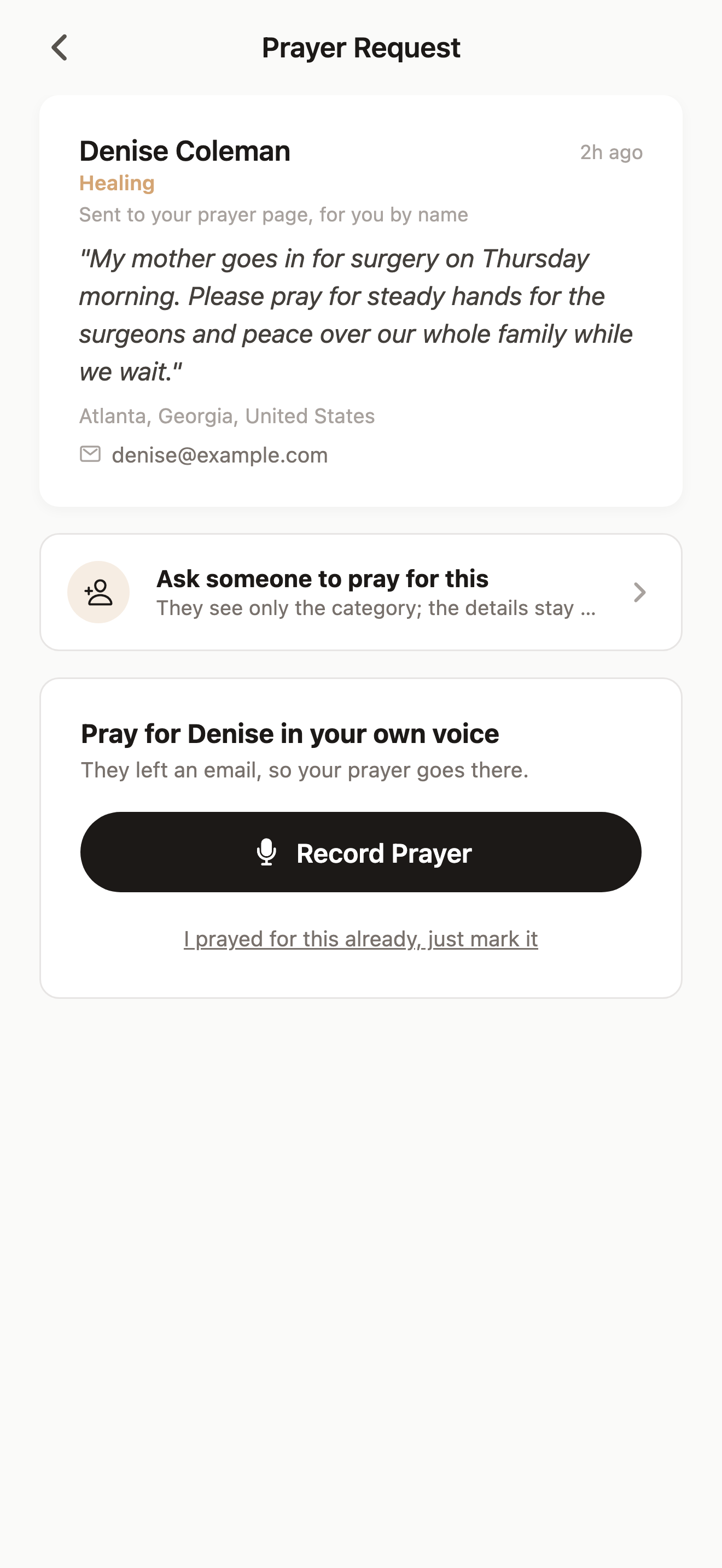 Actual Prayer Request screen: a request from Denise sent to your prayer page, with a Record Prayer button