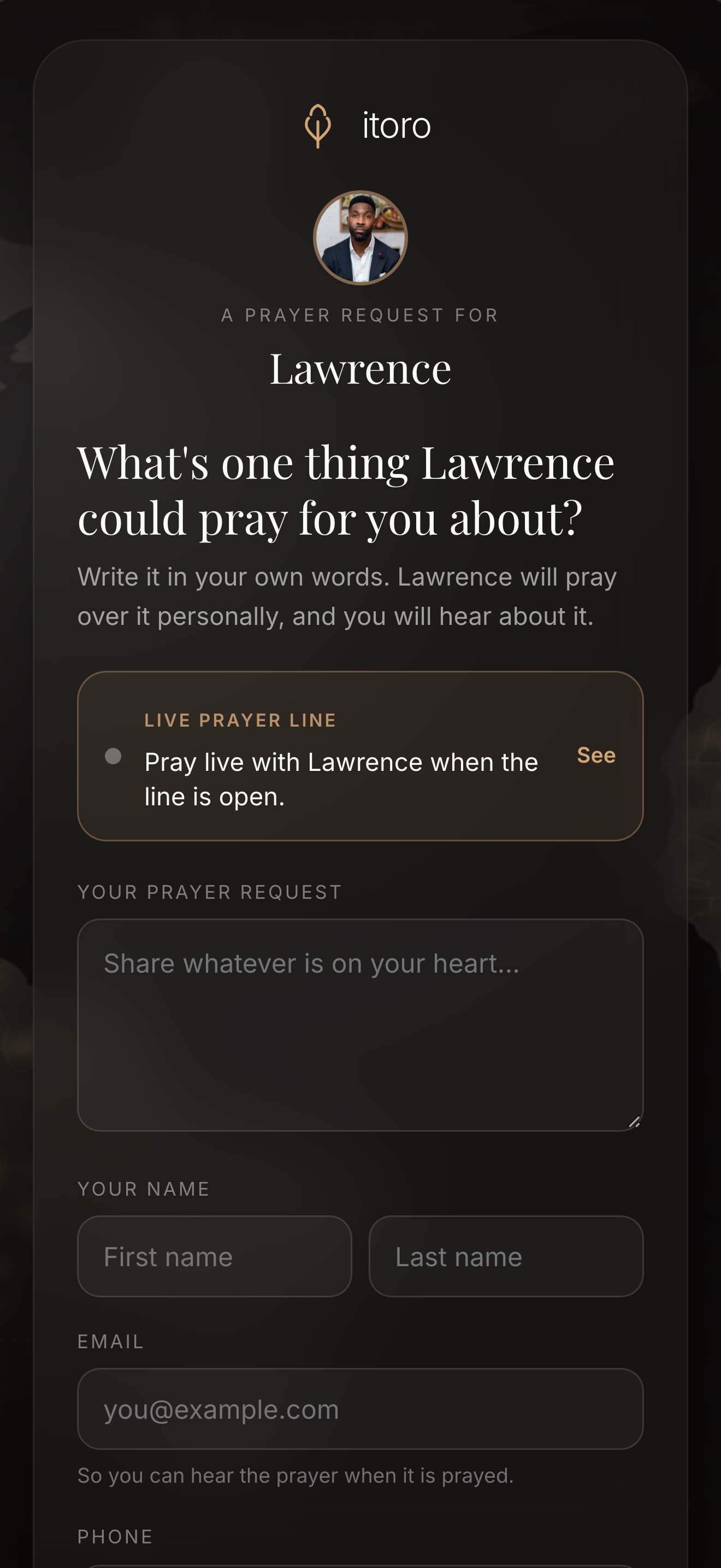 A real personal prayer page as a friend sees it: a photo, the question What's one thing Lawrence could pray for you about, and a box to write the request