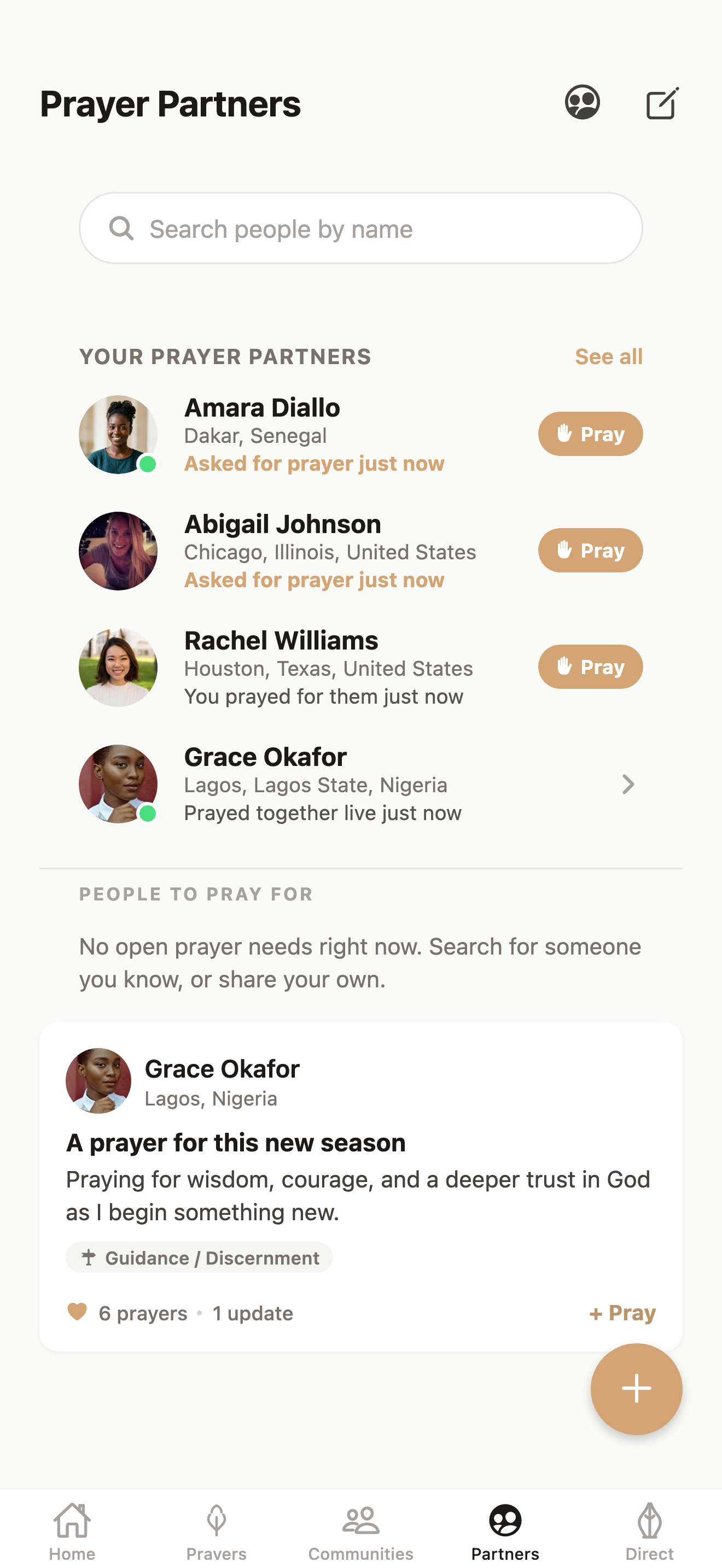 Actual Prayer Partners screen with people to pray for and their shared prayers
