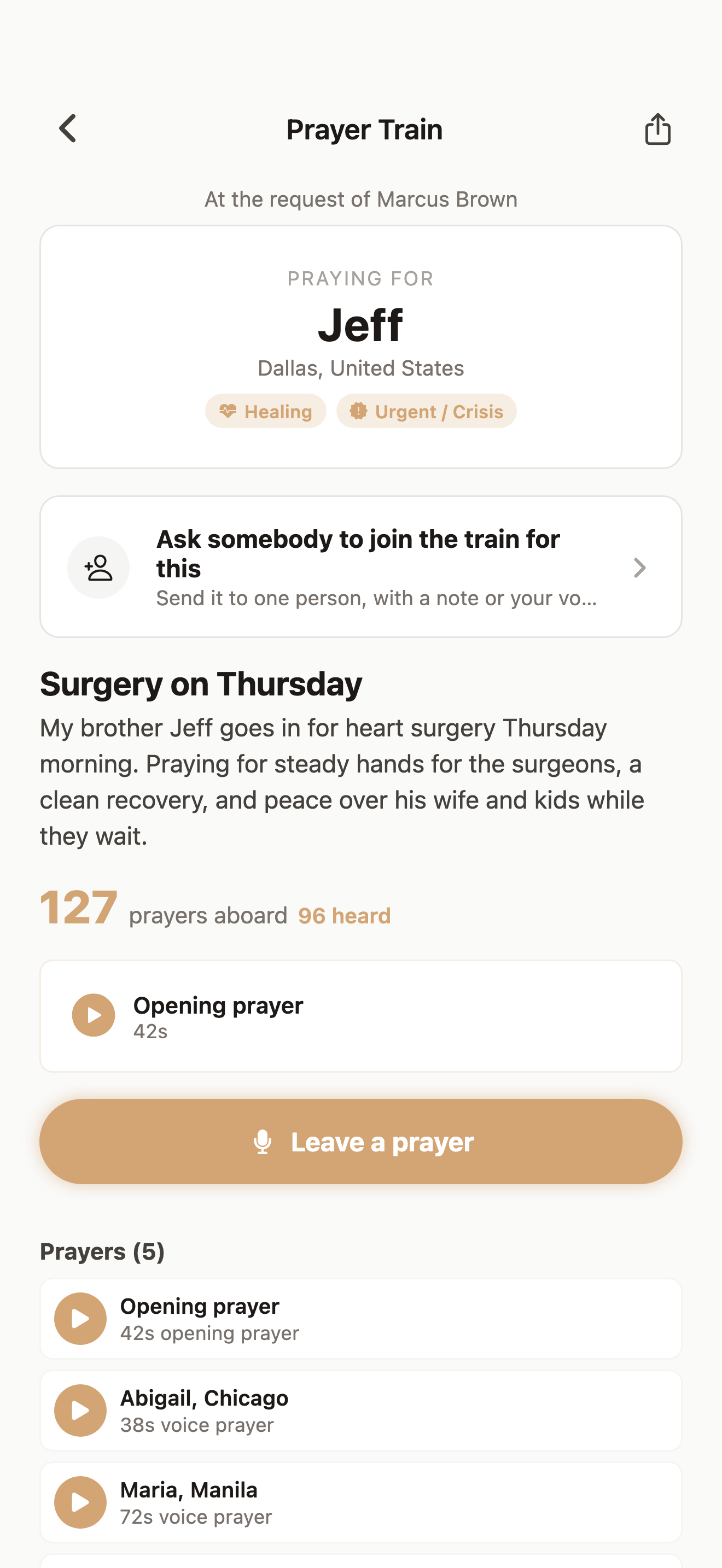 Actual Prayer Train screen: praying for Jeff, 127 prayers aboard, the opening prayer, and a Leave a prayer button